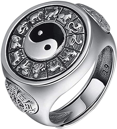 Bague Feng Shui Mantra, Bague Fantaisie, émail Vintage en Argent Sterling Ancien Symbole Chinois Yin Yang Spinner Ring avec 12 Signes du Zodiaque Chinois for Homme Femme Ouvert et réglable