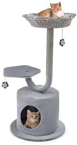 GOPLUS - Árbol para gatos (106 cm, 3 niveles, diseño curvo, tabla de rascar de sisal, en forma de flor, condominio privado, 2 bolas colgantes, para gatos pequeños, grandes, gris