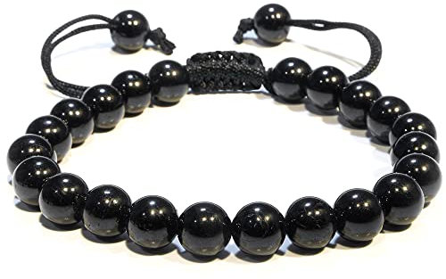 P&R:UK Black Tourmaline Crystal Bracelet – Gemstone Bead Bracelet with Adjustable Macrame String – Chic Gemstone Bracelet for Men and Women – 8mm Round Healing Crystal Bead Bracelets
