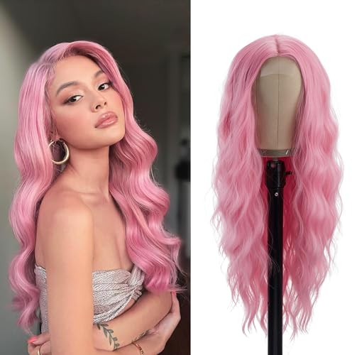 PORSMEER Lange Rosa Wellig Perücke, 66cm Mittelscheitel Lockige Perücke Natürliche Hitzebeständig Synthetische Perücke für Frauen Tägliche Party