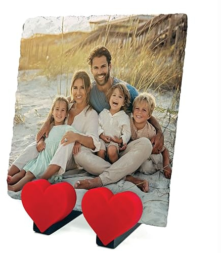 EMIT PRINT Personalisierte natürliche quadratische Felsen Schiefer Plaque Foto Text mit Herz Form Stand | Custom Design | 10x10 cm