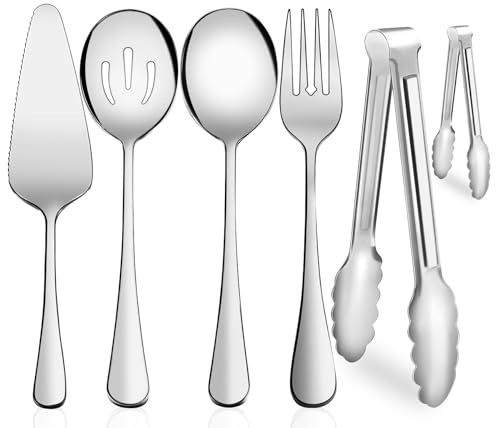 Serving Utensils, XEVOM 6-Piece Stainless Steel Serving Utensil Set Include Serving Spoon, Slotted Serving Spoon, Serving Fork,Serving Tong, Appetizers Tong,Pie Server (Silver), Regular