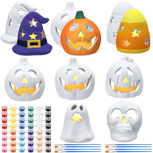 RimCereal 8 Set DIY Ceramic Halloween Lanterns Figurines Paint Craft Kit Unpainted Ceramics Pumpkins Skull Ghost Witch Hat Candy Corn Ready to Paint for Classroom Art Project Halloween Party Decor