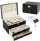 DesignSter Jewellery Box Organizer, Jewellery Organiser with 2 Drawers, 3 Layers Leather Jewellery Storage Box with Lock, Jewellery Storage Case for Necklace Earring Bracelet Ring, Black