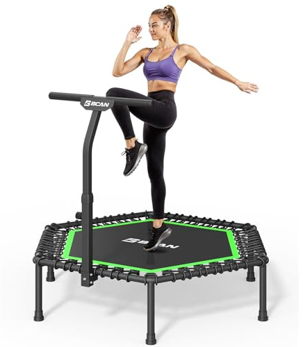 BCAN Fitness Trampolin Indoor Ø 122/130 cm, Trampolin Erwachsene bis 250 kg, Bodentrampolin mit verstellbarem T-Griff & 42 Gummiseilen, Leise & vibrationsarm
