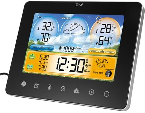 Wetterstation Funk mit Außensensor, Wetterstationen Innen und Außentemperatur Funk mit Wettervorhersage, Digital Farbdisplay Funkwetterstation mit Wettervorhersage für Haus, Büro (Schwarz - FJ3362M)