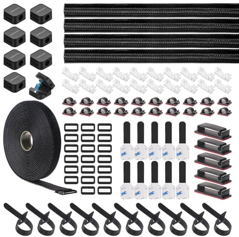 AORUICN 98pcs Cable Management Kit, 4 Cable Sleeve,8 Magnetic Cord Organizer,45 Adhesive Cable Clips 10 Adhesive Cable Straps 10 Cable Ties Reusable,16Ft 0.78 inch Wide Cable Ties with 20 Buckles