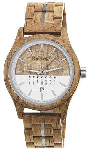 Holzwerk Germany Handgefertigte Herren-Uhr Öko Natur Holz-Uhr Holz Armband-Uhr Braun Blau Buche Gold Schwarz Silber Zebra Bunt Muster Analog Quarz-Uhr Datum und Wochentag Anzeige (Buche.Weiß)