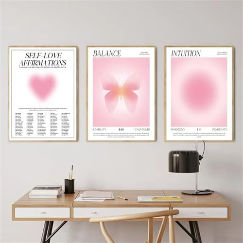 3er Aura Poster Set Rosa, Rosa Deko Aesthetic Poster Und Kunstdrucke Set, Leinwand Bilder Babyzimmer Kinderzimmer Mädchen, Schmetterling Inspirierende Zitate Schlafzimmer Über Bett (30x40 cm)