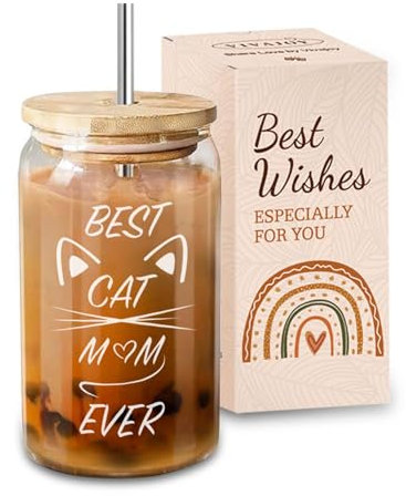 VivaJoy Cat Gifts for Women - Cats Lovers Gifts for Womens, Glass Cups with Straw and Lid, Birthday Gift for Women, Sister, Bestie, Best Friend