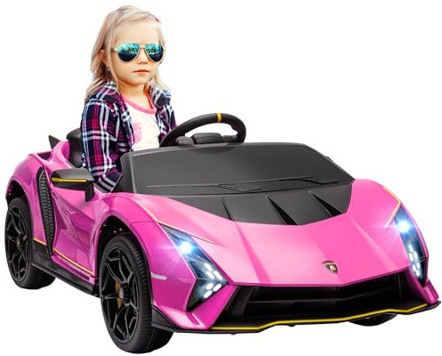 AIYAPLAY 12V Lamborghini Autentica Licensed Kids Electric Car with Butterfly Doors, Ride on Car with Remote Control, 4 Suspension Wheels, Soft Start, LED Lights, Music, Horn, Pink