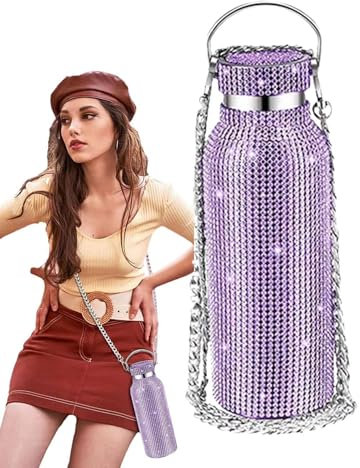 Bouteille D'eau En Strass - Bouteille D'eau Blings, Bouteille D'eau Isolée À Paillettes | Bouteilles Isolées Sous Vide À Double Doublure Pour Femmes, Bouteille D'eau Avec Chaîne En Strass, Bouteille D
