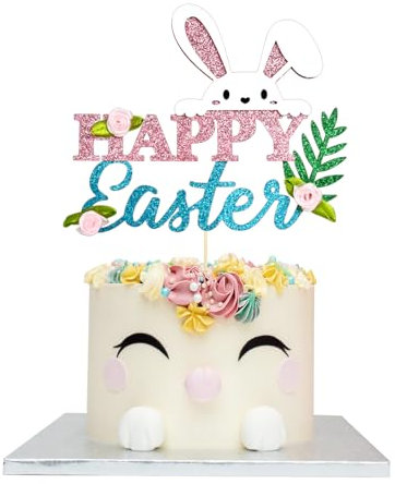 Osterhasen Tortendeko, Cake Topper Ostern Glitzer Hasen Kuchen Deko, Niedlich Kuchendeko Oster, Happy Easter Torten Deko für Osterthema Partyzubehör