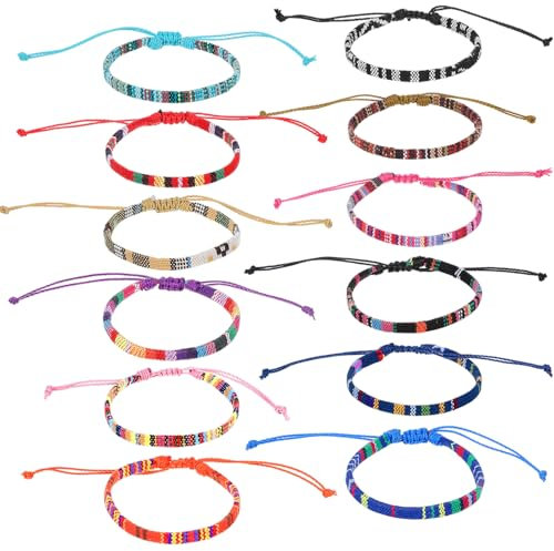 Larrel 12Pcs Woven Bracelet, Handmade Surfer Bracelets Adjustable Braided String Friendship Bracelet Boho Bracelets Anklets for Men Women (Multicolor)
