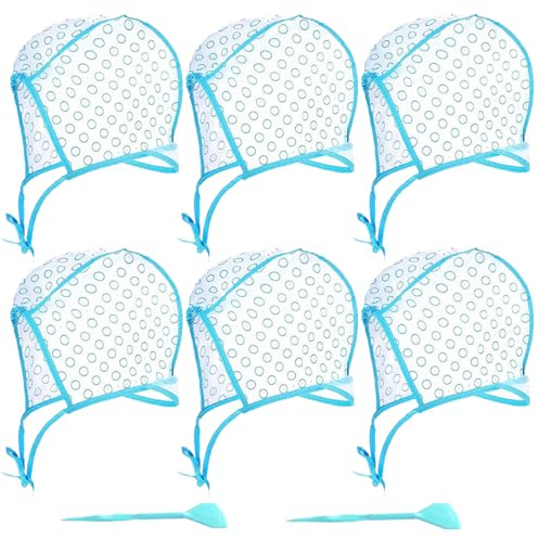 6 Pcs Hair Highlighting Cap, Highlight Caps, Hair Coloring Frosting Dye Kit with 2 Pcs Plastic Hooks for Salon DIY Hair Dyeing Hairdressing (Blue)