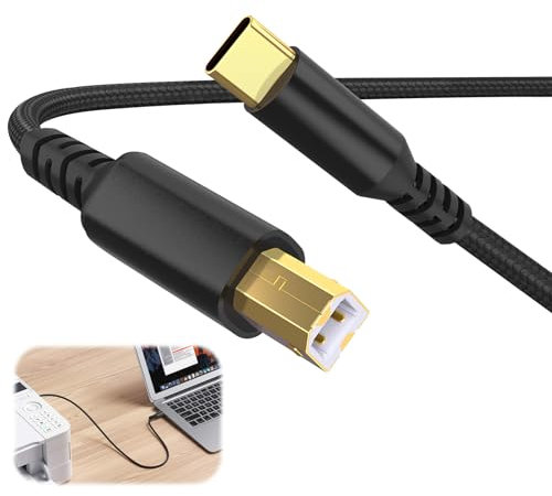 3M USB 2.0 to C Printer Cable Compatible with HP Canon Epson Lexmark MacBook Pro/Air ASUS Laptop, Type-B Braided Nylon Data Lead Scanner Cable, USB Type C High Speed Cable for Printer, Fax Machine