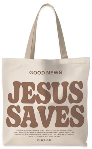 Komergave Christliche Stoffbeutel Bedruckt Jutebeutel Bedruckt mit Jesus Saves Wiederverwendbar Einkaufstasche Aesthetic Canvas Tote Bag, Christliche Geschenke für Frauen 40×35cm