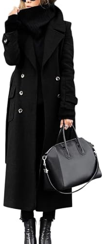 Damen Wintermantel Lang Warm Wolle Mantel Elegant Zweireihig Dicke Winterjacke Warme Lange Wollmantel Damen Winter Trenchcoat mit Gürtel Frauen Mäntel Übergang Damenmantel Winter Revers Einfarbig