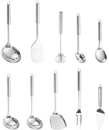 WakiHong Juego de 10 Utensilios de Cocina de Acero Inoxidable Antiadherente | Resistentes al Calor, Utensilios de Cocina, Utensilios para el Hogar, Ideal para Todas las Necesidades de Cocina