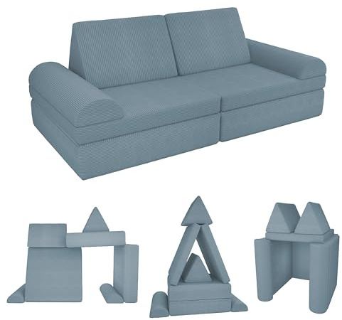 POKAR Divano Modulare per Bambini in Velluto Corduroy | Divano Bambini Trasformabile in Schiuma | Divano da Gioco per Cameretta Bambini | Certificato Oeko-TEX 100 | Laguna Azzurra