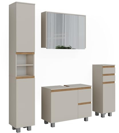 Vicco Badmöbel-Set J-Shape, Cashmere/Artisan, 80 cm, besteht aus Waschbeckenunterschrank, Spiegelschrank, Hochschrank und Midischrank