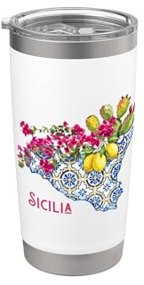 Sicilia Mappa Maiolica Siciliana Limoni Fichi d'India Italiano Bicchiere termico in acciaio inox doppia parete