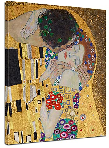 Bilderdepot24 Bild auf Leinwand | Gustav Klimt - Der Kuss in 90x120 cm als Wandbild | Wand-deko Dekoration Wohnung alte Meister | NEU-180206-90x120-dk