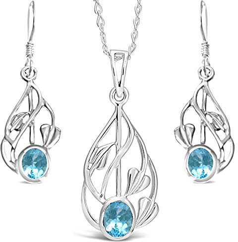 Alexander Castle Women's Jewellery Set 925 Sterling Silver & Blue Topaz Charles Rennie Mackintosh Gift Set - Necklace and Earring Set with Jewellery Gift Box