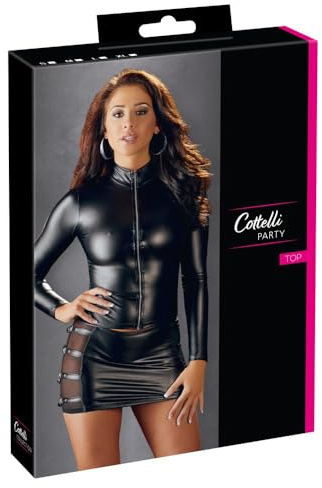 COTTELLI PARTY Langarm-Top - figurbetontes Shirt für Frauen, mit Stehkragen und langem Ärmel, Matt-Optik, V-Ausschnitt, schwarz
