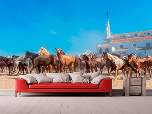 Fotomural Vinilo Pared Caballos Doñana del Rocio | Fotomural para paredes | Mural | Vinilo Decorativo | Varias Medidas 200 x 150 cm | Decoración comedores, salones, habitaciones...