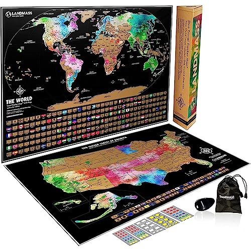 Landmass Rubbelkarte der Welt Poster + Rubbelkarte der Vereinigten Staaten - Zwei 61 x 43,2 cm Reise-Tracker Karten mit Flaggen - Detaillierte Kartographie - Ausgezeichnetes Geschenk für Reisende