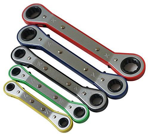 MacWork 5-Piece Offset Ratcheting Wrench Set ，Five Colors Reversible Universal Ratchet Double Ring Spanners,Professional Heat Treated Alloy Steel SAE Combination