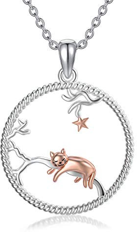 ROMANTICWORK Pendentif Chat-Argent Bijoux Chat, Collier avec Pendentif en forme de Chat en Argent 925 Sterling, Bijoux pour Femme