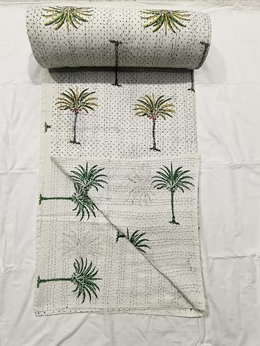 Sophia-Art Tagesdecke aus Baumwolle, wendbar, Hippie-Decke, weißes Bettlaken, indische Königin Palme, Kantha Kantha Überwurf, handgefertigt, Quilt, Grün, 228,6 x 274,3 cm
