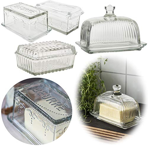 LS-LebenStil Vintage Glas Butterdose mit Deckel Griff 16x10x12cm Beurre Butterglocke Butterschale Butterbehälter Butteraufbewahrung Kühlschrank Frühstück spülmaschinenfest Butterbox