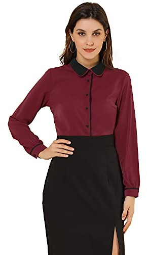 Allegra K Damen St. Patrick's Day Vintage Button Down Shirt Langarm Kontrast Peter Pan Kragen Büro Arbeit Bluse, Burgunder, Mittel