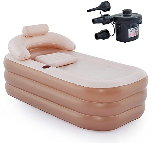 CO-Z Inflatable Bathtub with Electric Air Pump and Bath Pillow Headrest, Portable Blow Up Bath Tub for Adults, Outdoor & Indoor Freestanding Foldable Spa Tub with Cover Drainage Cup Holder,Brown