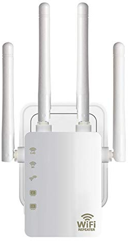 Repetidor WiFi AC1200, Doble Banda 5 GHz y 2.4 GHz | Amplificador y Extensor Wi-Fi, Modo AP, WPS Botón, Fácil Configuración, Puerto Ethernet, 4 Antenas Externas,Blanco