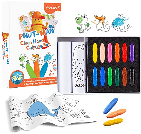 YPLUS Erdnuss Buntstifte Set für Kinder, Kunst Fall mit 12-Farben Buntstifte und Wandaufkleber Papierrollen, ungiftige Kleinkind Färbung Zubehör für Geschenk