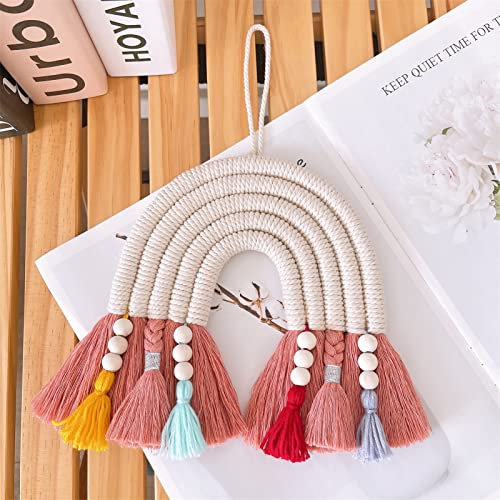 EXQUILEG Woven Makramee Regenbogen Wandbehang Boho Wanddekoration Handgewebte Tapisserie Mit Quaste Für Deko Kinderzimmer 28x18cm (A)
