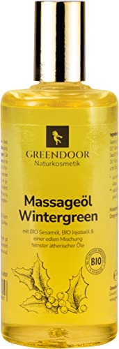 GREENDOOR Bio Massageöl Wintergreen 100ml, frischer natürlicher Minze Duft, Sport Massage Öl zur Regeneration & Muskelentspannung, Naturkosmetik für Rücken Nacken Schulter, Sportmassage Bio Jojobaöl