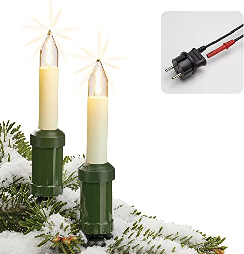 Hellum Lichterkette außen Made in Germany, 19m beleuchtet, 20 Schaftkerzen weiß mit Clip, LED Filament warmweiß Lichterkette Weihnachtsbaum Kabel schwarz teilbarer Stecker, 2 Ersatzkerzen <59lm 430035