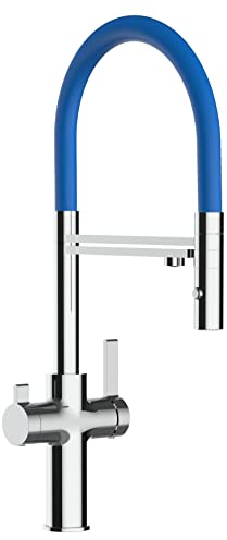 NIEDERDRUCK 3 Wege Wasserhahn Küchenarmatur Spültischmischer, Verchromt mit 360° schwenkbarem Auslauf, abnehmbare 2 strahl Handbrause, Flex-Schlauch oben in Blau - VZFC Linie