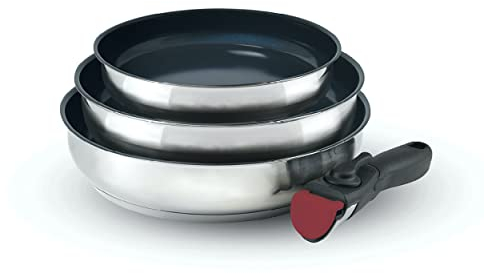 Qdesign - Batterie de Cuisine à Induction 4 Pièces - Set de 3 Poêles Anti-Adhésives 20, 24 et 26 cm avec Poignée Amovible - Acier Inoxydable - Tout Feu - Sans PFOA - Argenté/Noir