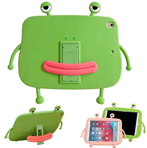QoKcoahn Bonita Funda de Tablet para iPad Air1/Air2 (9.7 pulgadas), Funda Verde de Rana de Dibujos Animados 3D con Soporte Ajustable, Funda Protectora de Silicona Suave para Niños, Niñas y Mujeres