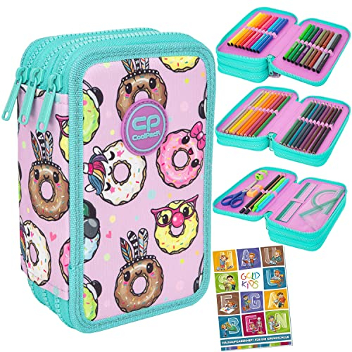 Goldkids Federtasche 3-fache Federmappe Happy Donuts Federmäppchen 46-teilig gefüllte Schüleretui Stifte und Pinsel inkl. Aufgabenheft Federbox Etui Stiftetasche Schlamper-Etui Schul-Etui