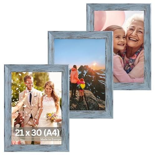 VictoR Bilderrahmen Vintage Vincent in Grau Blau 3er Set 21x30 cm (A4) - Vintage Fotorahmen Landhaus - Deko Rahmen mit bruchsicherem Acrylglas - Bilderrahmen 20x30 Grau