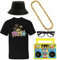 80s/90s Rapper Costume - Black Bucket Hat, Black Baggy T-Shirt, Glasses, Gold Chain and Inflatable Boombox - Adults Hip Hop Rapper Fancy Dress Costume