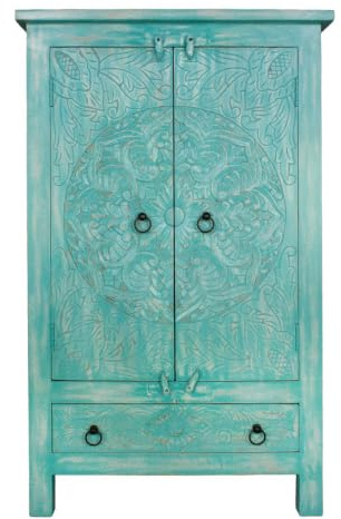 Schrank Kala Indischer Schrank aus Mangoholz mit Schnitzerei Oriental Schlafzimmer Blau Türkis 125 cm