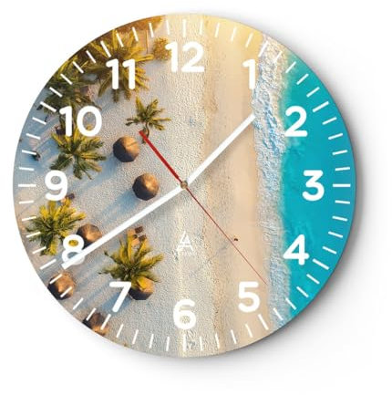 Modern Wanduhr Strand Palmen Exotik 30x30cm Rund Klein Wand Uhr Glas Analog Zimmeruhren Küche Büro Wohnzimmer Glasuhr Wall Clock Dekoration Design Wanddekoration Küchenuhr C4AR30x30-5336